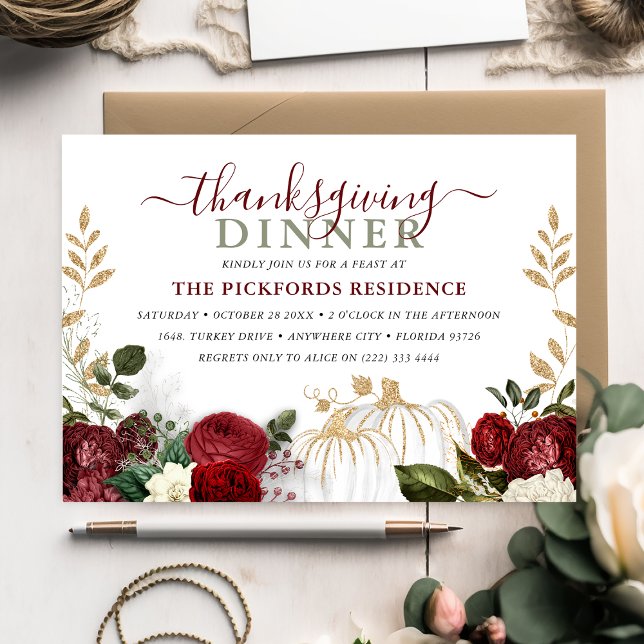 Botanischer Burgund-Floral-Pumpkin-Erntedank Einladung (Von Creator hochgeladen)