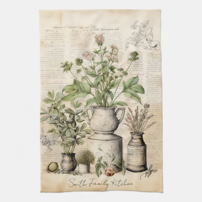 Botanischer Chic Familienname Geschenk Geschirrtuch (Vertikal)