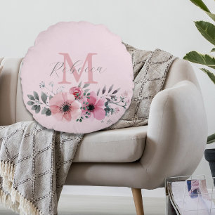 Botanischer Chic Rosa Aquarellblüte Rundes Kissen