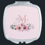 Botanischer Chic Rosa Aquarellblüte Taschenspiegel<br><div class="desc">Botanischer Chic florale elegante Pflanze Blattgrau blütenrosa Blume Mongramm Kompaktspiegel</div>
