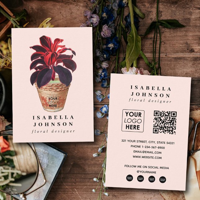 Botanischer Designer Logo Pink QR Code Social Medi Visitenkarte (Botanical Designer Logo Pink QR Code Social Media Business Card)