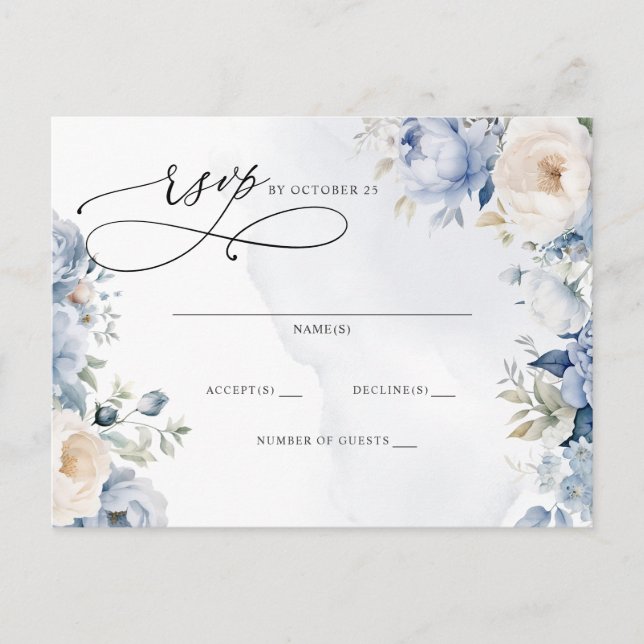 Botanischer Dusty Blue Floral Wedding RSVP Postkarte (Vorderseite)