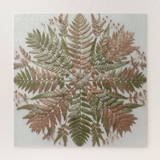 Botanischer Farn Grün Kupfer Gepresste Blätter Puzzle (Vertikal)