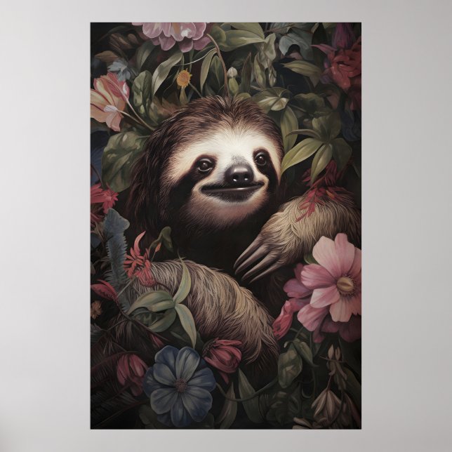 Botanischer Faultierdruck, Dark Academia Floral Poster (Vorne)