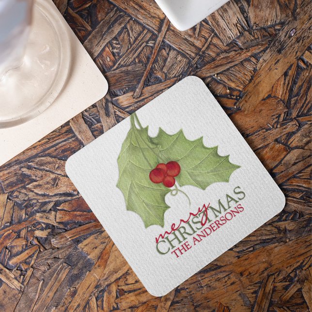 Botanischer Feiertag Elegant Frohe Weihnachtsnamen Rechteckiger Pappuntersetzer (Elegant botanical Merry Christmas personalized coaster with festive greenery holiday drink decor.)