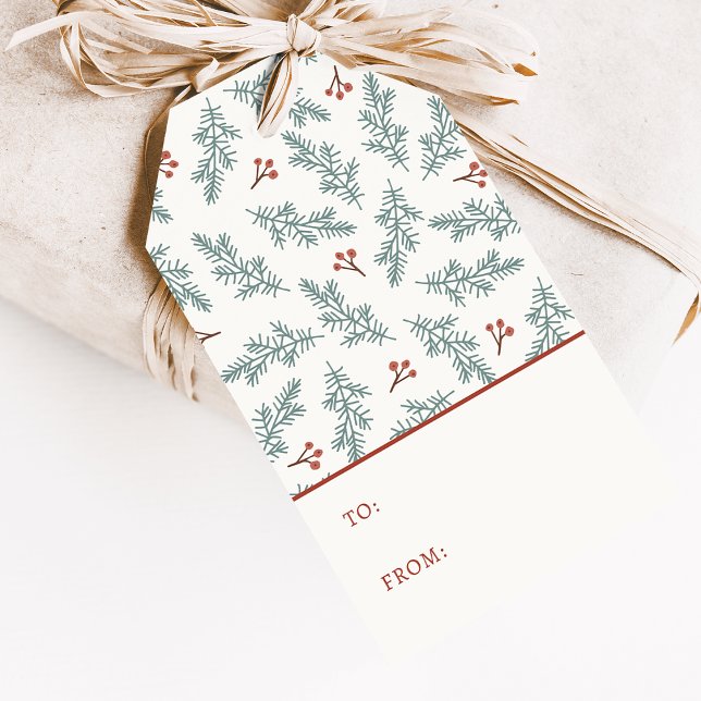 Botanischer Feiertag Geschenkanhänger (Watercolor Greenery and Red Berries Botanical Holiday Gift Tag by Painted Paperie
)