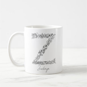 Botanischer floraler Monogramm-Schwarz-weißer Lett Kaffeetasse
