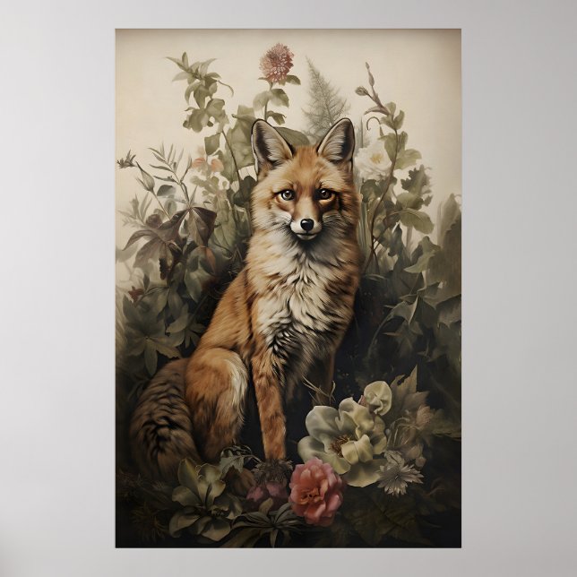Botanischer Fuchs-Druck, Dark Academia Wald (Digit Poster (Vorne)