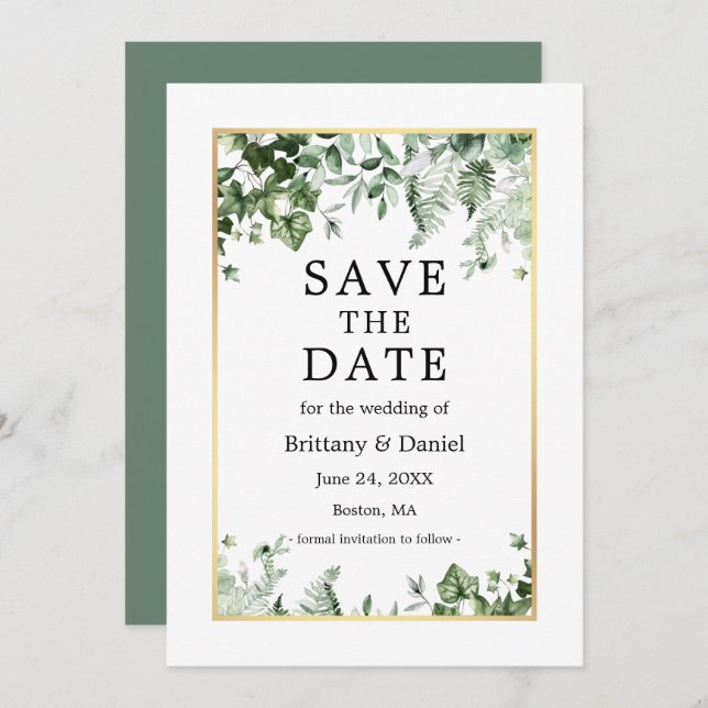 Botanischer Garten Ivy Ferns Sage Green Gold Save The Date (Vorne/Hinten)