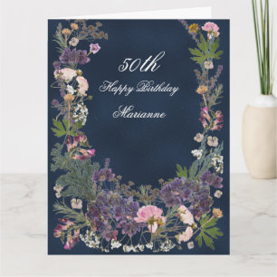 Botanischer Geburtstag, Floral, Moody Navy Blue Karte