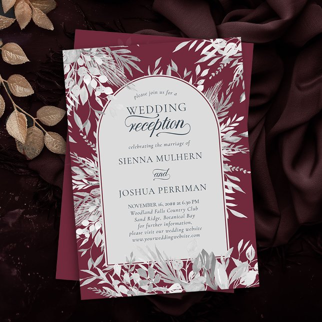 Botanischer Gerahmter Botanischer Bogen Burgund Ho Einladung (Wedding Reception invitation in Burgundy and Grey from the Foliage Duet Collection by Darling & May)