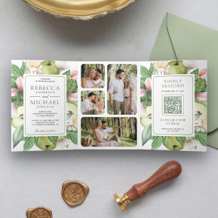 Botanischer grüner Apfelplantagen-QR-Code-Hochzeit Dreifach Gefaltete Einladung