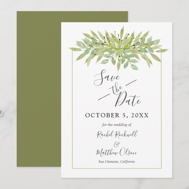 Botanischer grüner Foliage Hochzeit Sichern Sie di Save The Date (Vorne/Hinten)