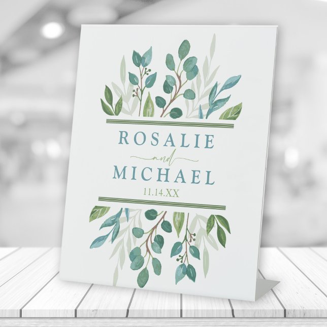 Botanischer Grüner Individuelle Name Sockelschild (Botanical Greenery Freestanding Custom Wedding Tabletop Sign)