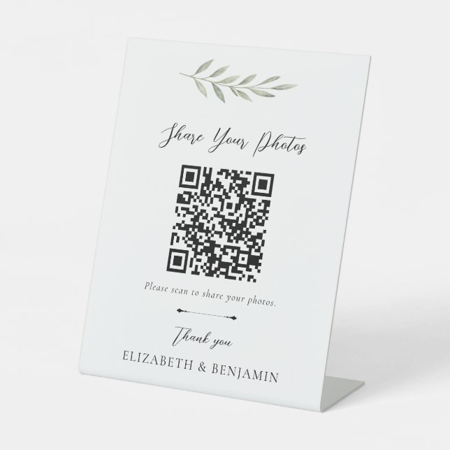 Botanischer Hochzeits-QR-Code - Teilen Sie Ihre Fo Sockelschild (Vorderseite)