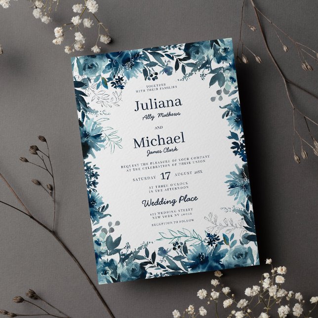 Botanischer indigofarbener Blumenrahmen Hochzeit Einladung (Botanic indigo watercolor floral frame Wedding Invitation)