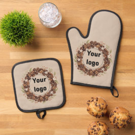 Botanischer Kaffebohnen-Kranz mit individuellem Lo Ofenhandschuh & Topflappen-Set
