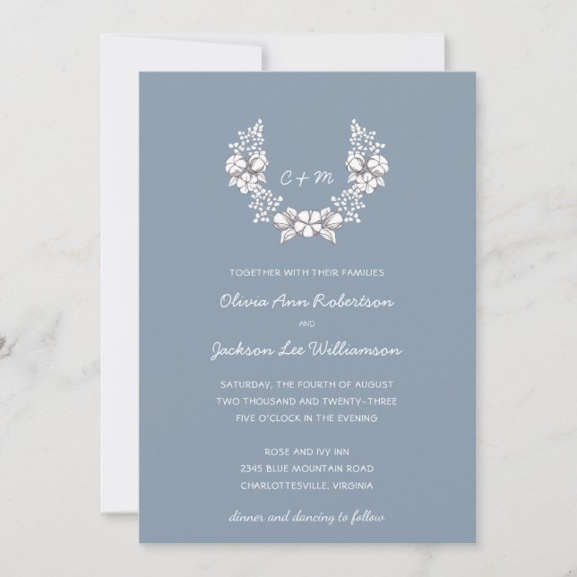 Botanischer Kranz | Dusty Blue Floral Wedding Einladung (Vorderseite)