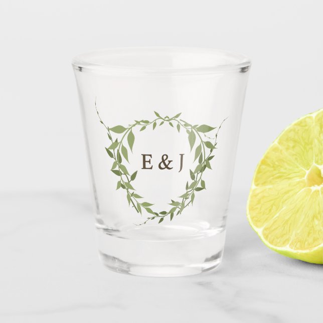 Botanischer Kranz Erdtöne Hochzeit Schnapsglas (Vorderseite)