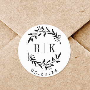 Botanischer Kranz Hochzeitsmonogramm Runder Aufkleber