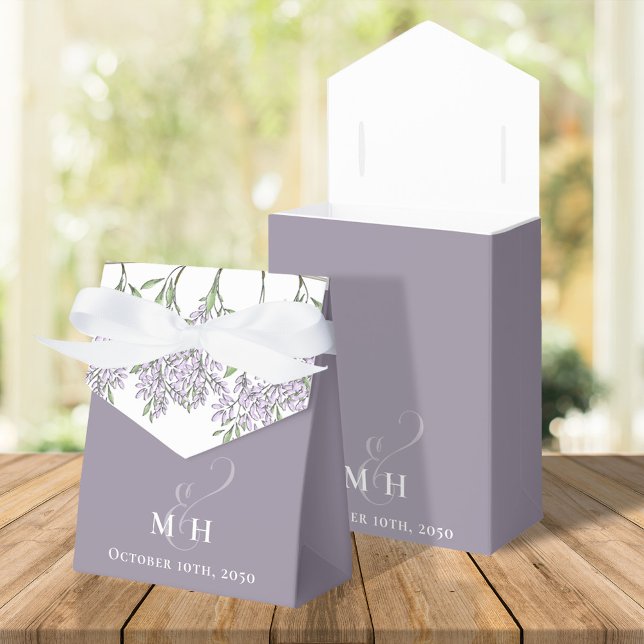Botanischer Lavendel-Blume Hochzeiten Geschenkschachtel (Lavender lilac wisteria wedding favor box with bride and groom initial monogram)