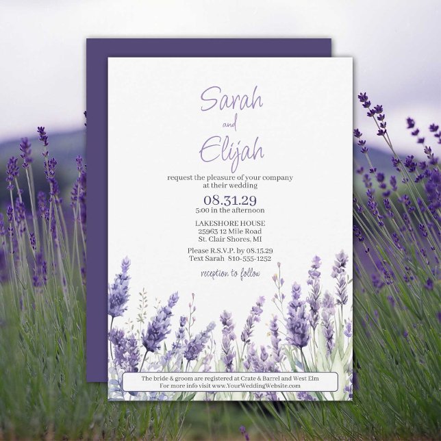 Botanischer Lavendel Blume Lässig Hochzeit Einladung (Lavender blooms across the bottom of this pretty floral all-in-one wedding invitation.)