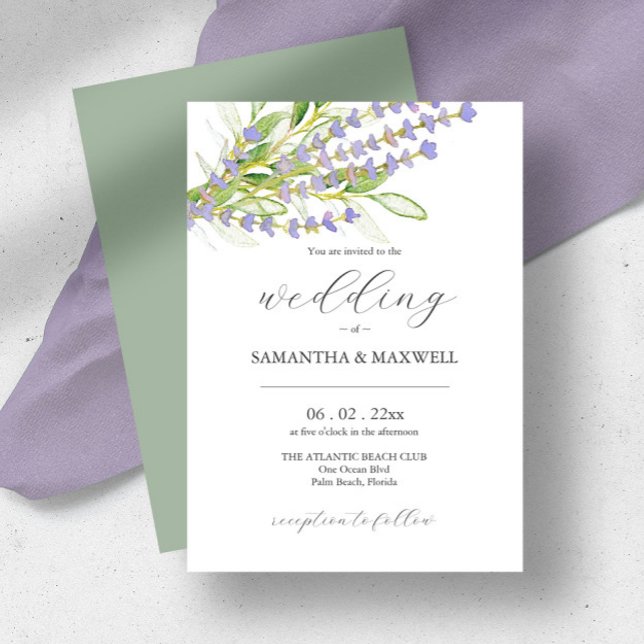 Botanischer Lavendel Hochzeitsfeiern Einladung Was (Wedding invitations watercolor lavender art by Victoria Grigaliunas of Do Tell A Belle sage green)