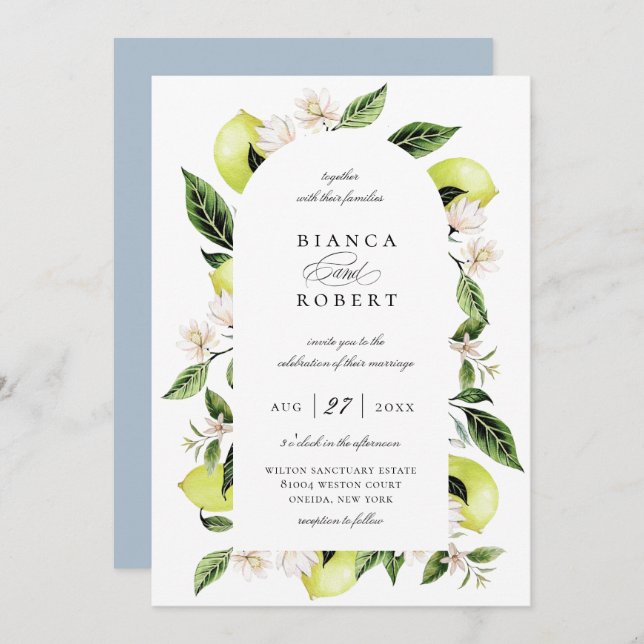 Botanischer Lemon-Arch-Rahmen Einladung zur Hochze (Vorne/Hinten)