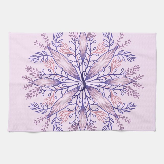 Botanischer Monogramm-Cogagecore boho blumenrosa Geschirrtuch (Horizontal)