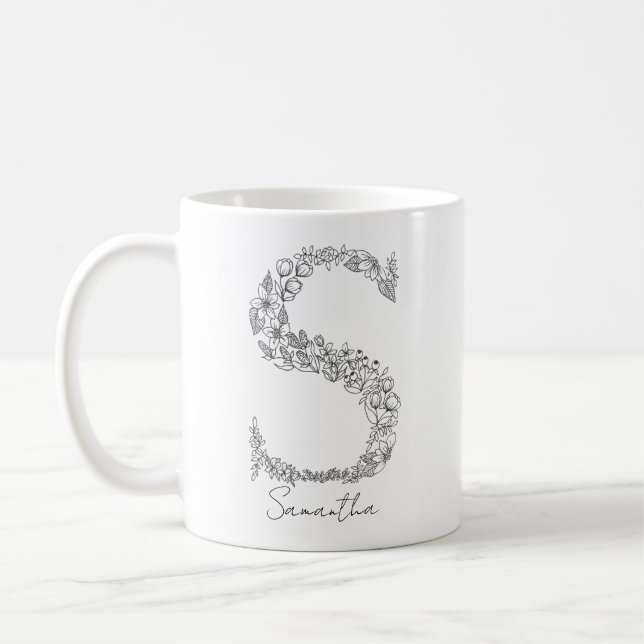 Botanischer Monogramm-Schwarz-weißer Brief Kaffeetasse (Links)