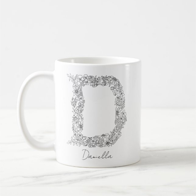 Botanischer Monogramm-Schwarz-weißer floraler Lett Kaffeetasse (Links)