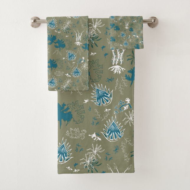 Botanischer Moosdruck in aquamarinem Grün und Moos Badhandtuch Set (Insitu)
