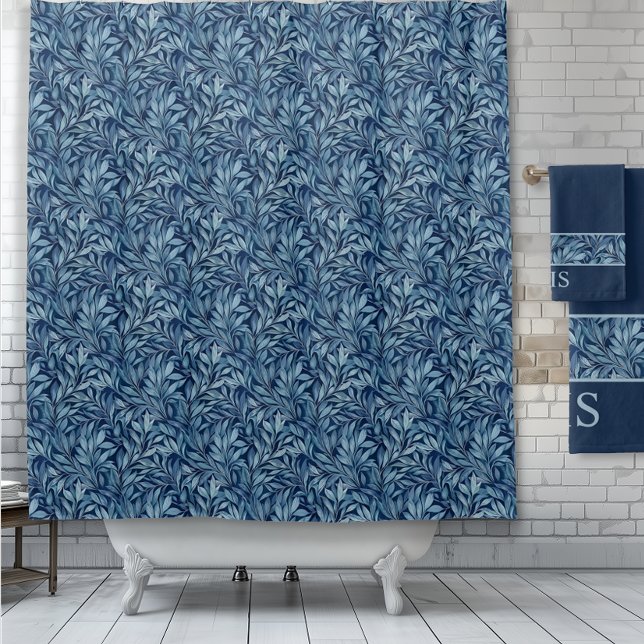 Botanischer Musterduschvorhang Duschvorhang (Classic blue botanical pattern shower curtain and towel set.)