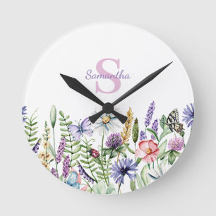 Botanischer Name Monogram floral Runde Wanduhr
