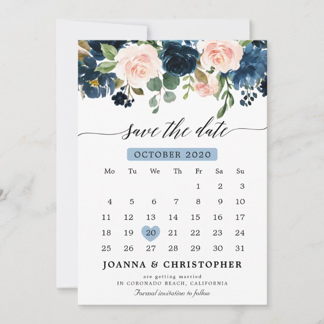 Botanischer Navy Blush Pink Rose Save the Date (Vorderseite)
