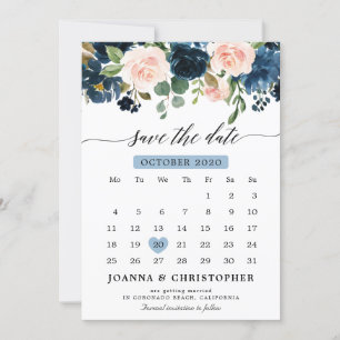 Botanischer Navy Blush Pink Rose Save the Date
