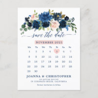 Botanischer Navy Blush Pink Rose Save the Date