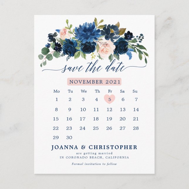 Botanischer Navy Blush Pink Rose Save the Date Ankündigungspostkarte (Vorderseite)