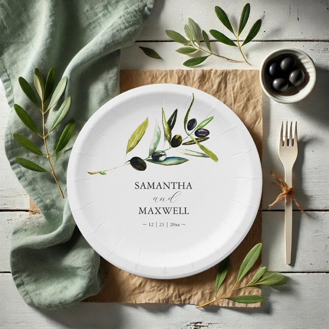 Botanischer Olivenzweig für Teller (Paper plates watercolor olive branch art by Victoria Grigaliunas Do Tell A Belle bride and groom)