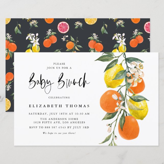 Botanischer Orange- und Lemon-Babybrunch Einladung (Vorne/Hinten)