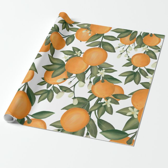 Botanischer Orangenzitrus Sommer Grüngarten Geschenkpapier (Ungerollt)