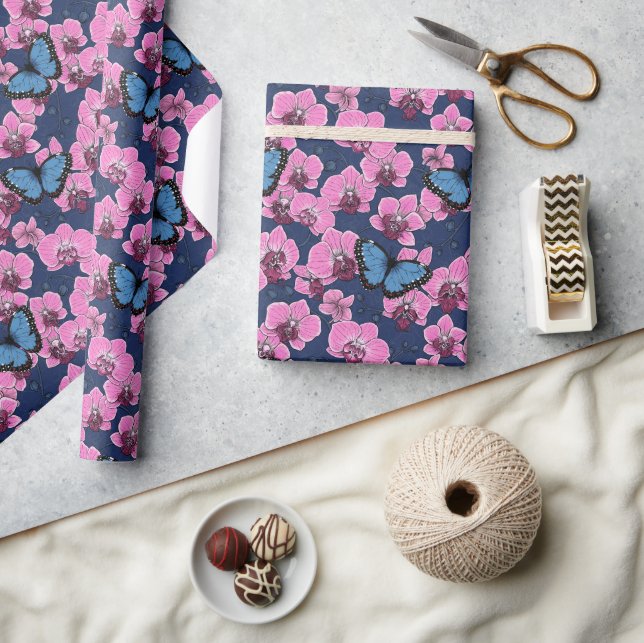 Botanischer Orchideengarten mit Schmetterlingen Geschenkpapier (Basteln)