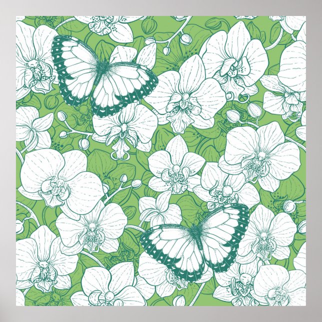 Botanischer Orchideengarten mit Schmetterlingen in Poster (Vorne)