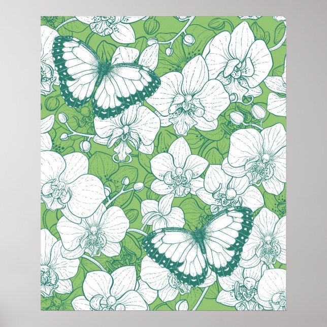Botanischer Orchideengarten mit Schmetterlingen in Poster (Vorne)