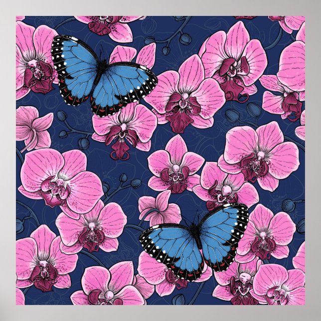 Botanischer Orchideengarten mit Schmetterlingen Poster (Vorne)