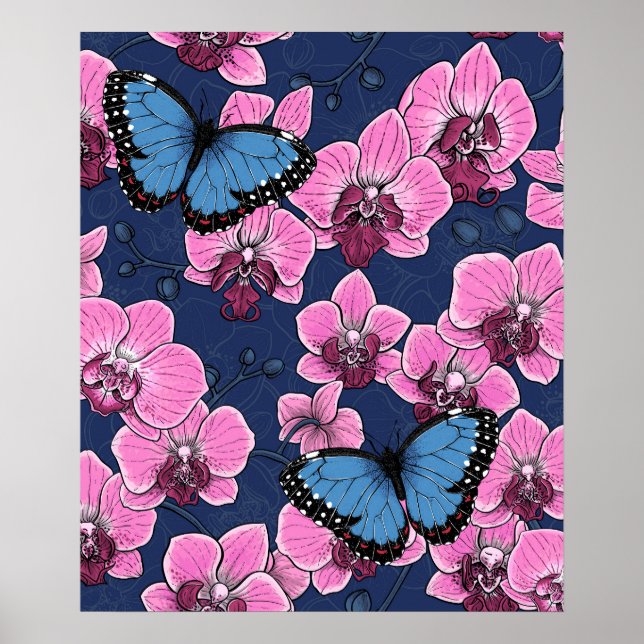Botanischer Orchideengarten mit Schmetterlingen Poster (Vorne)