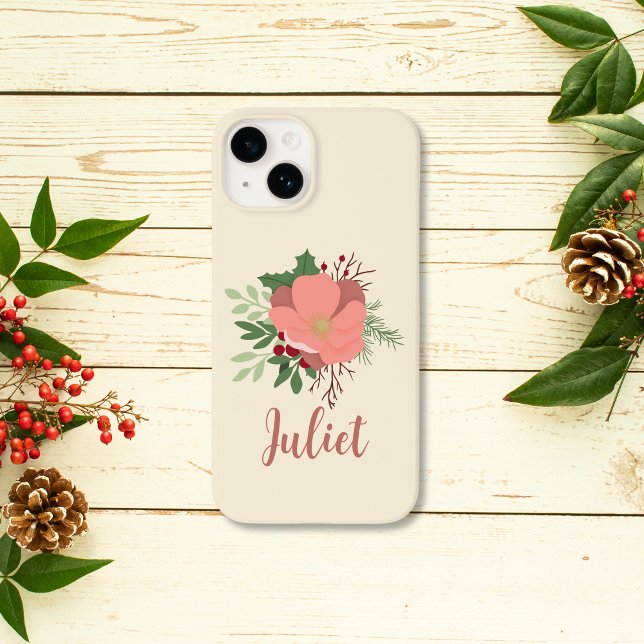 Botanischer Personalisierter Weihnachtsname Case-Mate iPhone Hülle (coquette christmas pink botanical phone case personalized with name for friend gift)