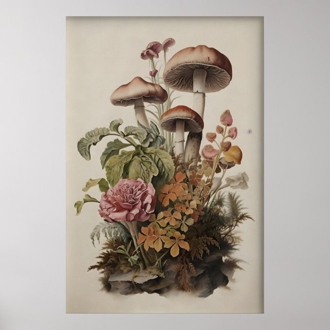 Botanischer Pilzdruck, Boho Moos Farn Poster (Vorne)