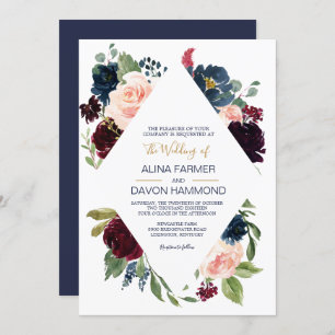 Botanischer Rahmen für die Hochzeit von Navy-Rose Einladung