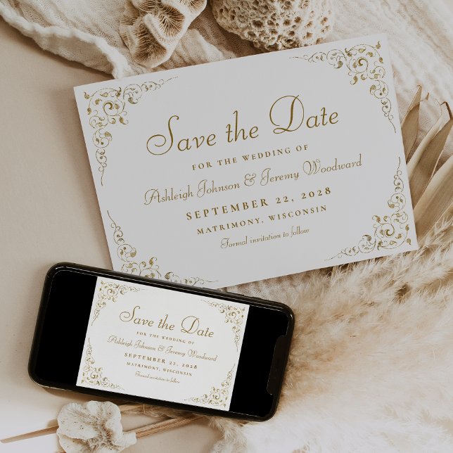 Botanischer Rahmen-Hochzeit mit Gold Script Save The Date (Von Creator hochgeladen)